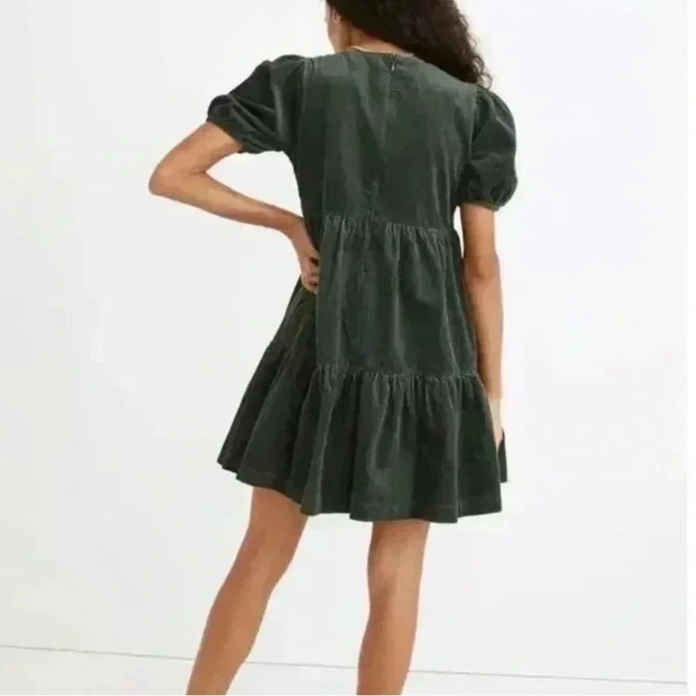 Madewell‎ Corduroy Aidy Square-Neck puff sleeve Tiered Mini Dress Hunter Green 6